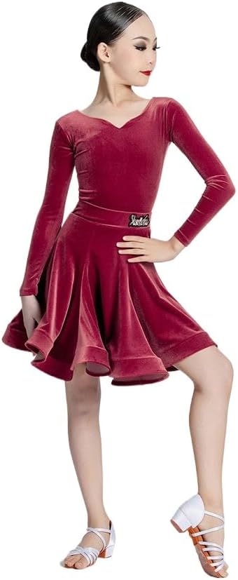HEARTTOUCH Girls Velvet Latin Dress Rumba Samba Dresses Long Sleeve Leotard Dance Skirt Professional Performance Dancewear