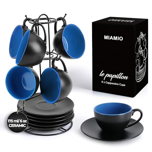 MIAMIO - Set of 6, Ceramic Stackable Cappuccino Cups Set / 175 ml Cappuccino Mugs and Saucer with Metal Stand for Coffee Drinks Cafe Latte Americano and Tea - Le Papillon Collection