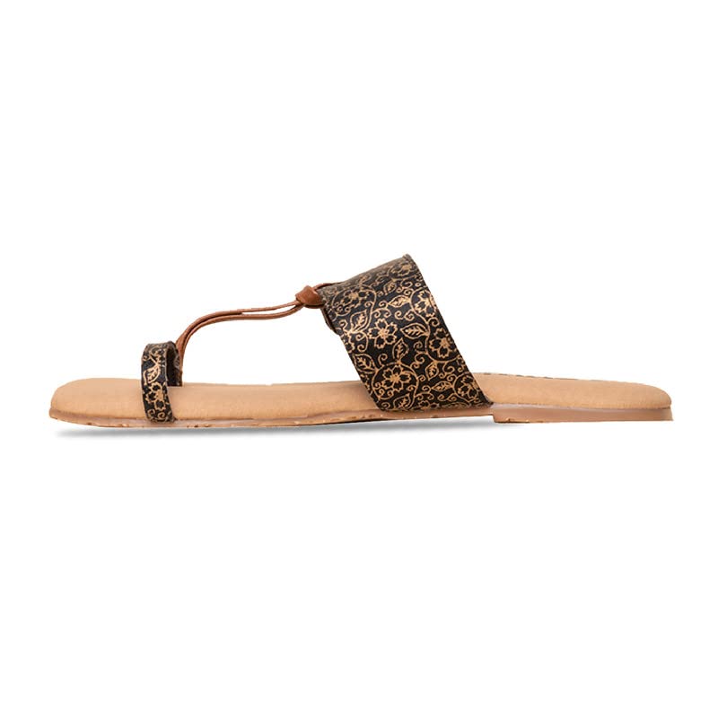 Image of ZOUK Womens Charminar Jaali Women's Chappals Black and Golden Flat Sandal