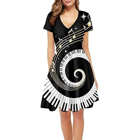 Biyejit Piano Music Notes Women's Casual Short Sleeve Dress Music Lovers A-line Flared Swing Dress Cocktail Party Dress Cover