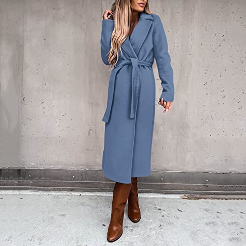 Women's Wool Jackets Coat Thin Cardigan Trench Jacket 2022 Ladies Long Parka Outwear Fashion Slim Waist Belt Top Blue #TOP3