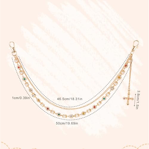 Gold Chain for Pants, Fashionable Double Layer Pants Chain Pearl Rhinestones Cross Hip Hop Pocket Belt Accessory Jeans Jewelry keychain Wallet for Men Women2