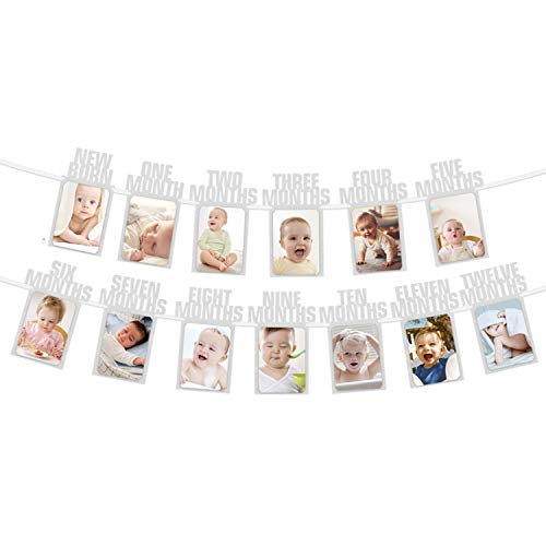 1st Birthday Baby Photo Banner - Perfect 1-12 Month Photo Prop Garland Bunting Baby Shower Party Decoration Glitter Silver