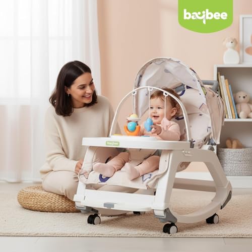 Image of Baybee 5 in 1 Baby Rocker and Feeding Chair for Babies | Portable Rocking Chair for Kids with Parent Handle, Multi Position Recline, Food Tray & Music | Baby Bouncers 0 to 3 Years Boys Girls (Grey)