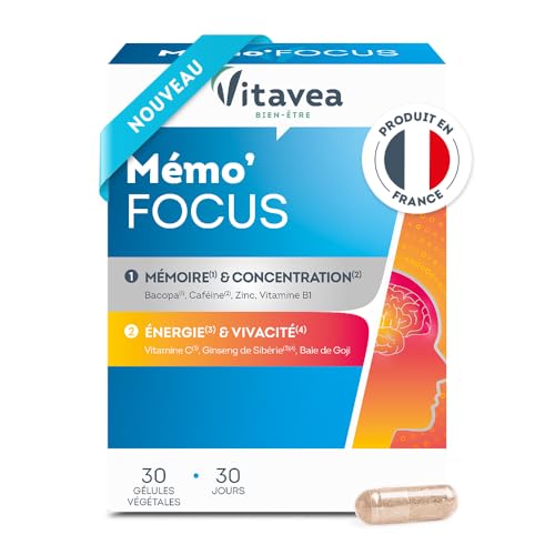 VITAVEA BIEN-ETRE - Mémo'Focus - Complément alimentaire mémoire, concentration et vitalité - Bacopa, Caféine, Zinc, Vitamine B1, Vitamine C, Ginseng - 30...