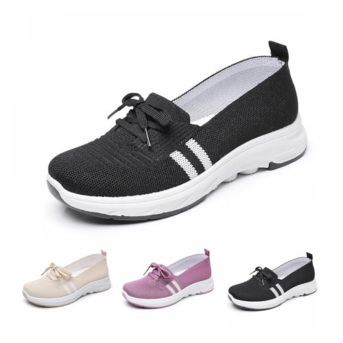 Women’s Breathable Knit Slip-On Sneakers with Bow Lightweight Non-Slip Casual Running Sneakers Comfy Breathable Low-Top Walking Shoes