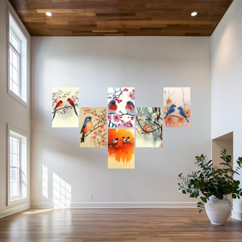 Image of SiddArtify Bird Wall Art Poster Print Set - Watercolor Bird and Blossom Prints for Living Room Bedroom Decor - 12x18 inch Board Pack of 6