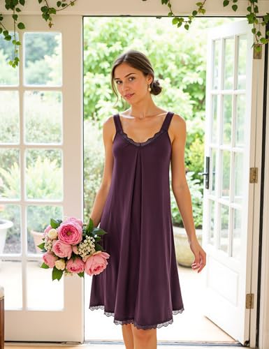 Uniexcosm Nachthemd Damen Ärmelloses Kurz Baumwolle Nachtkleid Spitze V-Ausschnitt Nachtwäsche Sexy rutschfeste Schultergurte Freizeitkleid Sleepwear Dunkelfuchsia L 2