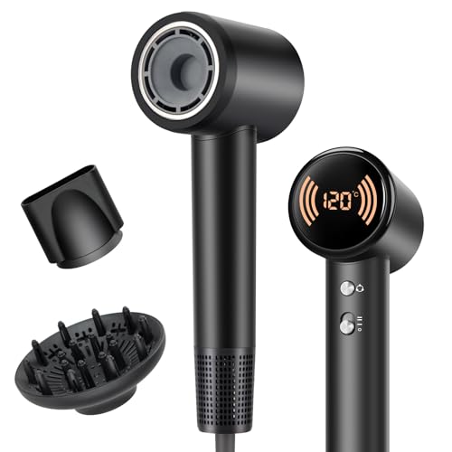 Chignon Ionic Hair Dryer with Diffuser - 110 000 RPM Brushless Motor 1600W Blow Dryer with Temperature Display & Magnetic Attachments Low Noise for Salon Styling