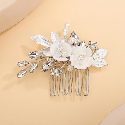 Teyglen White Flower Bridal Hair Comb Cute Small Flower Rhinestone Headpiece Floral Crystal Pearl Hair Piece Hair Accessories for Women Flower Girls