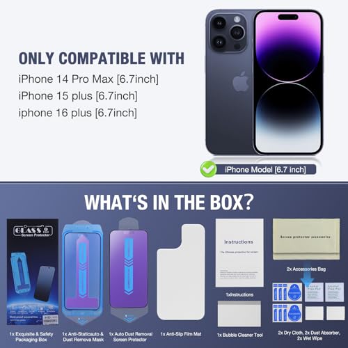 Image of 2-Pack Anti Blue Light Matte Screen Protector for iPhone 16 Plus and iPhone 15 Plus and iPhone 14 Pro Max 6.7-Inch 9H Tempered Glass, Full Coverage, Anti-Fingerprint, Auto Dust-Elimination, No Bubble, Easy Installation