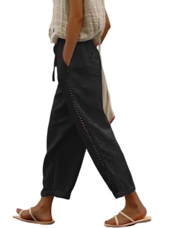 Pantalón Lino Mujer Verano Fresco Tobillero Cintura Elástica Cropped Holgado