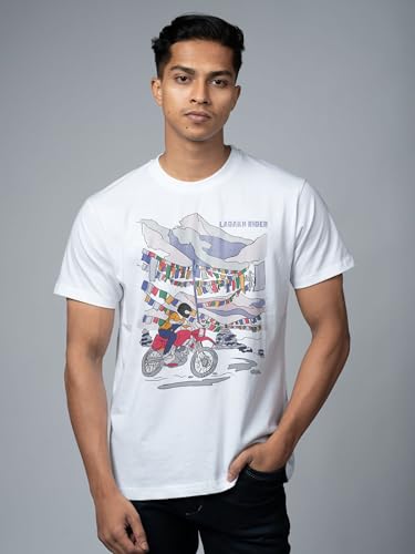 Image of T-Shirt for Men - 100% Cotton Ladakh Motorcycle Rider Half Sleeve Round Neck Graphic Print | Regular & Oversized Fit | 180 /220 GSM | S-5XL | Black, Navy Blue, Olive, Red, White