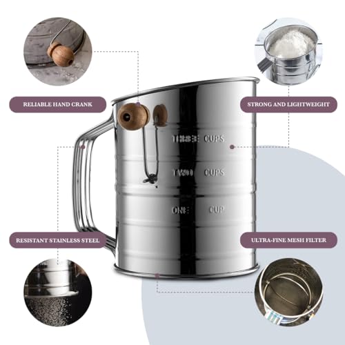 image for Bellemain 3 Cup Flour Sifter for Baking Fine Mesh Rotary Hand Crank wi