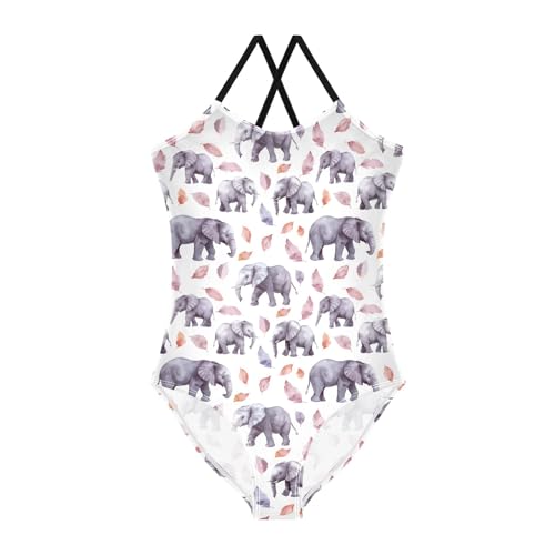 senya Girls Swimsuits One-Piece Swimwear Tie Bathing Suit Beach Summer Round Neck 5-6T Elephants and Autumn Leaves Pattern