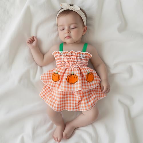 Suolongsama Newborn Baby Girl Halloween Romper Dress Pumpkin/Ghost Embroidery Sleeveless Smocked Bodysuit Halloween Clothes2