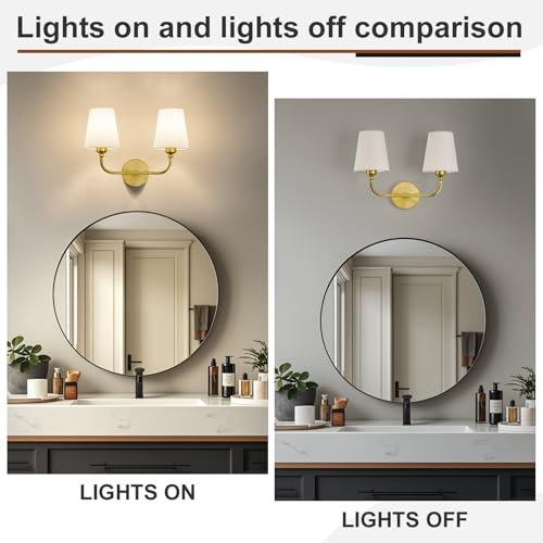 Image of Bathroom Vanity Light, Brushed Gold Bathroom Lighting Fixtures Over Mirror | 2-Light Bathroom Light Fixtures with Flared White Fabric Shade, E26 Socket (ETL Listed)