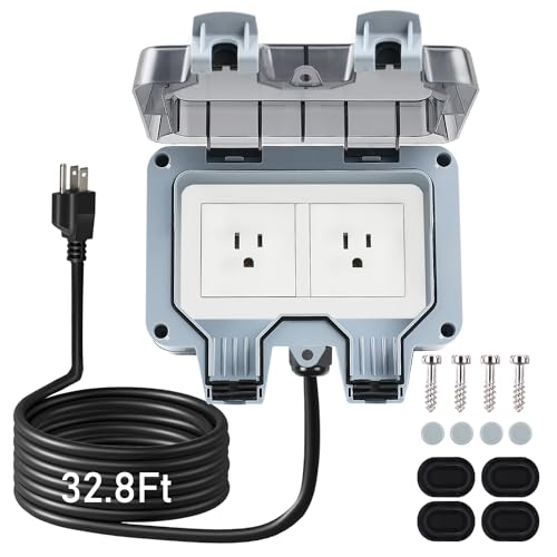 ZUYIYI Outdoor Power Outlet Box with 32.8Ft Extension Cord NEMA 5-15R STW 14 AWG Weatherproof Waterproof IP66 Electrical Outlet Extender Exterior Wall Power Socket w/Cover for Garden