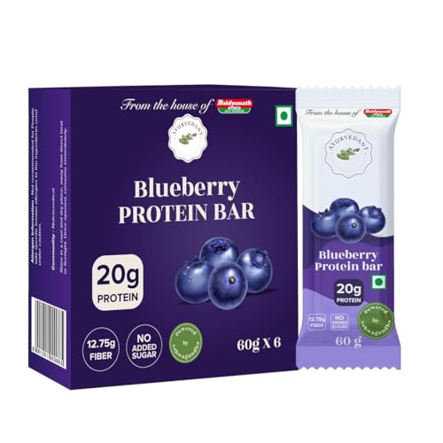Image of Ayurvedant Blueberry Protein Bar | 20g High Protein | No Added Sugar | Energy Snack for Gym, Fitness & Active Lifestyle | 60g (Pack of 6)