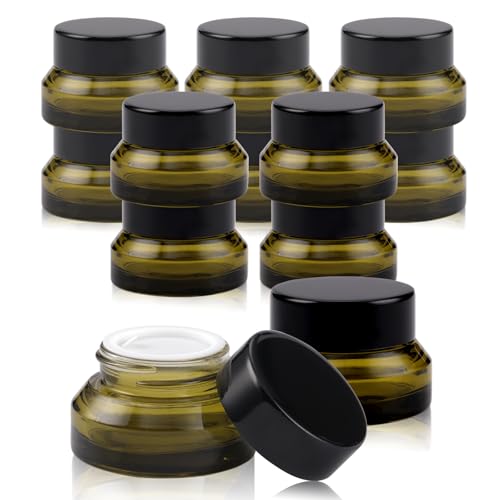 12 pack Glass Cosmetic Jars with Lids Small Lotion Containers for Traveling Green Empty Skincare Container for Face Cream Toiletries Makeup (0.5oz)