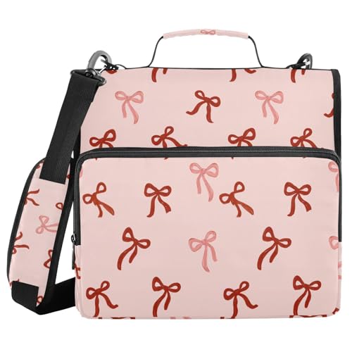 Image of 3 Ring Zipper Binder with Shoulder Strap Cute Red Bows Pink B 1.5 inch Binders Keeper Large Capacity Multi Pockets for School Office Supplies