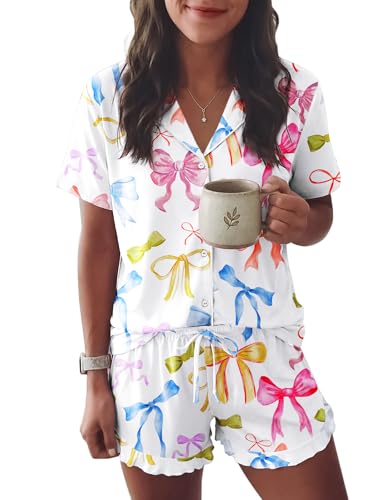 Image of Ekouaer Womens Pajama Sets Button Down Short Sleeve Top and Shorts Cute Ruffled Pjs Sets Sleepwear