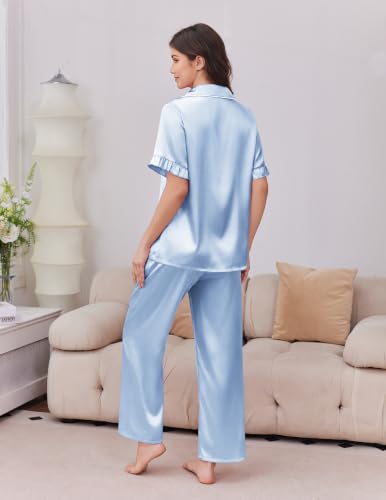 Image of Ekouaer Silk Satin Pajamas for Women Set 2 Piece Short Sleeve Button Up Pjs | Two Side Pockets,Soft Bridesmaid Lounge Set,Bridal Ruffle Sleepwear,Wedding Party,Honeymoon Vacation,Postpartum