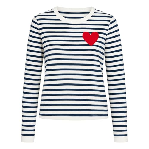 Women's Knit Long Sleeve T-Shirts, 1960s Retro Stripes Crewneck Casual Knitted Tops with Red Heart