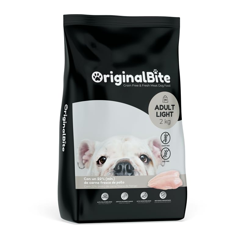 OriginalBite® | Pienso Light para Perros Adultos | Pienso 100% Natural SIN Cereales | Comida para Perros Bajo en Grasa para Problemas de Sobrepeso | Carne Fresca de Pollo | Fácil Digestión | 12 Kg