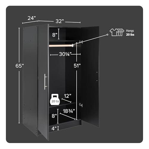 Image of Prepac Elite 32 inch Storage Cabinet, Black Storage Cabinet with Hanging Rail and Shelves for Living room, Kitchen and Laundry room 24.5 inch D x 32 inch W x 65 inch H
