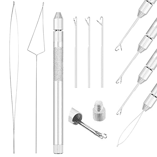 Hair Extensions Kit Tool, 5 Pack Professional Tools for Tinsel and Feather Hair Extensions Detachable Bead Threader with Metal Loop and Hook Needle for Micro Beads (silver)