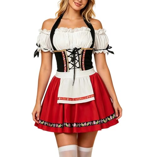 Robe dirndl midi bavaroise pour femme avec chemisier blanc et son tablier assorti