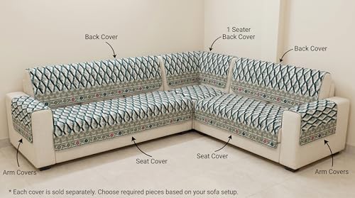 Image of Luxury Sofa Cover L Shape 7 Seater - Indigo Geometric Paisley 4+3 Seater (7 Seater) Quilted Sofa Cover Set Pack of 5, Washable, Indigo Ivory