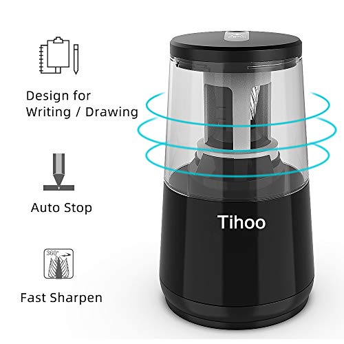 Tihoo Electric Pencil Sharpener,Helical Blade Pencil Sharpener Operated by USB & Battery,Pencil Sharpener with Auto Stop for 6-8mm No.2/Colored Pencils,Office Home Classroom Use ( Black)