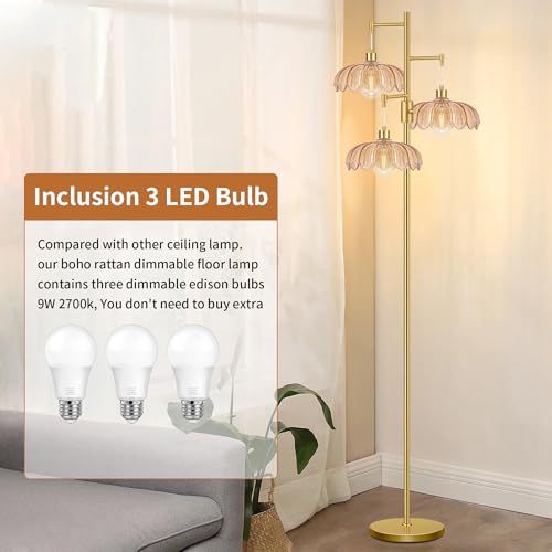Image of Gold Floor Lamps for Living Room Bedroom-3 Light Glass Floor Lamp with Three Led Bulb, Flower Tall Floor Lamp Dimmable Mid Century Modern Standing Lamp Vintage Tree Floor Lamps for Bedroom Corner