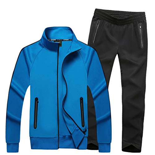 Real Spark Men's Athletic Full Zip Striped Warm-up Tracksuit Casual Jogging Sweat Suit Blue L