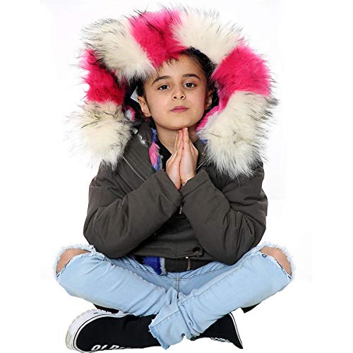 Veste à capuche fourrure arc-en-ciel pour fille coloris olive tendance