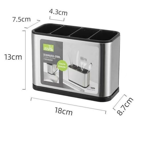 YWGYWG Boîte de rangement pour ustensiles de cuisine en acier inoxydable 304 argenté avec quatre compartiments, cuillère, fourchette, baguettes avec drainage et boîte de rangement amovible lavable – vue 3