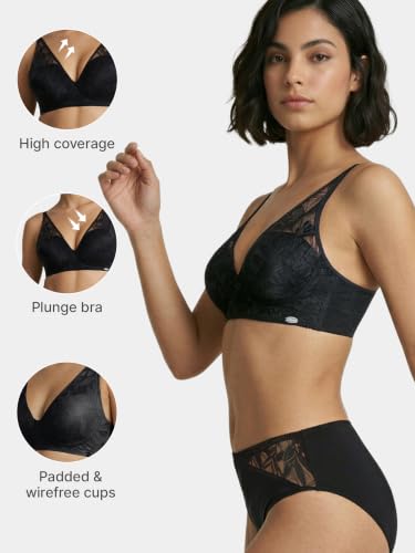 Image of Enamor Bamboo Cotton IB25, Women's Lace Plunge Bra - 3X Softer, 4X More Absorbent, Antimicrobial, Padded, Wirefree, High Coverage