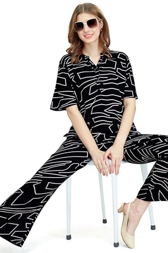 Image of ZEYO Women's Rayon Printed Night Suit Set Of Top & Pajama Set