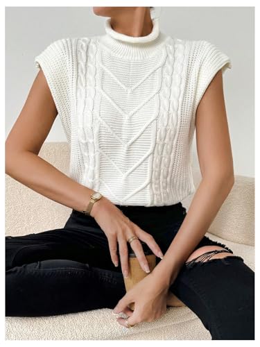 Image of BEAUDRM Women's Textured Mock Neck Sweater Vests Cap Sleeve Cable Knit Sweater Vest Casual Loose Top Knitwear Beige Medium