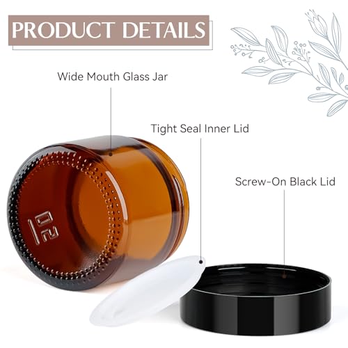 Qeirudu 2 Oz Small Amber Glass Jars with Black Lids, 12 Pack Empty Glass Cosmetic Jars with Inner Liners and Labels for Storing Lotions, Ointments, Creams, Candles3