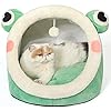 Jiupety Cute Cat Bed, Indoor Lovely Velvet Igloo for Cat and Small Dog, Warm Cave Sleeping Nest Bed for Puppy and Kitten, Green Frog, L