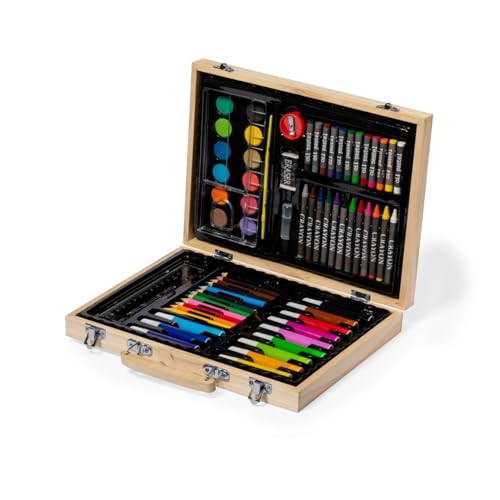 Uvimark | Maletín Artístico para Colorear con 66 Piezas, Incluye Rotuladores, Lápices, Ceras, Acuarelas, Set Completo de Arte para Niños con Maletín de Madera y Asa de Transporte