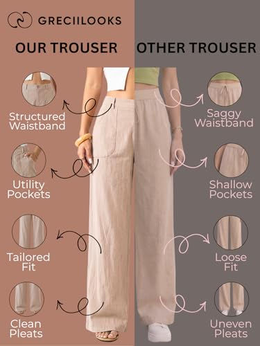 Image of GRECIILOOKS Beige Wide Leg Linen Trousers for Women | High Waist Cotton Baggy Korean Style Casual Pants | Comfortable Formal & Casual Women Trousers
