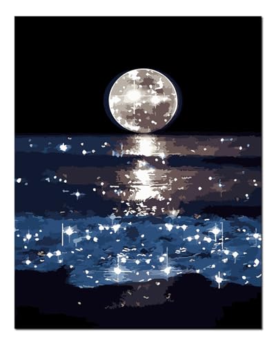 Peinture par numéros adultes débutants - Toile facile avec cadre en bois mer et lune