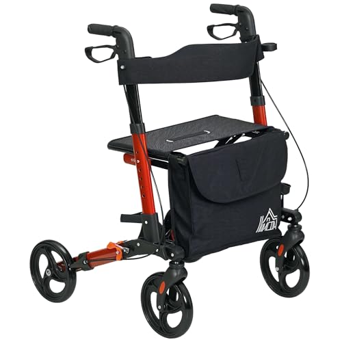 HOMCOM Andador para Ancianos Plegable de Aluminio Andador para Personas Mayores con Asiento y 4 Ruedas Andador con Altura Ajustable Frenos de Maneta y Bolsa de Transporte Rojo y Negro