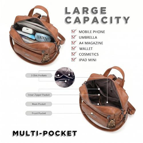 Image of WYFJNX PU Leather Backpack Purse for Women Fashion Multipurpose Design Handbag Ladies Shoulder Bags Travel Backpack Brown with Leopard Print