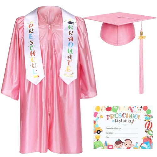 Sureio 6 Pcs Kindergarten Preschool Graduation Cap and Gown 2026 Tassel Stole Certificate for Toddler Kids(Large Pink)