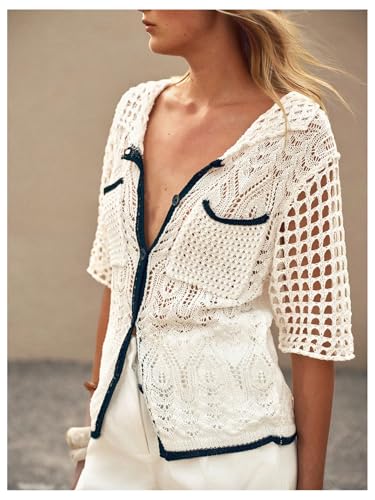 SHENHE Women's Crochet Short Sleeve Button Down Cardigan Hollow Out Lightweight Summer Sweater3